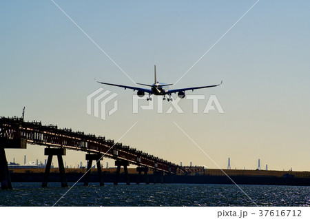 海上の誘導灯と西日に輝く着陸態勢の旅客機 a-2 ウィングレットあり 明るめ 海上の誘導灯と西日に輝く着陸態勢の旅客機 a-2 ウィングレットあり 明るめ 37616712