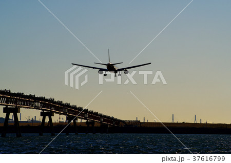 海上の誘導灯と西日に輝く着陸態勢の旅客機　b-1 ウィングレット無し　 37616799