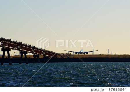 海上の誘導灯と着陸直前の旅客機　b 明るめ  37616844