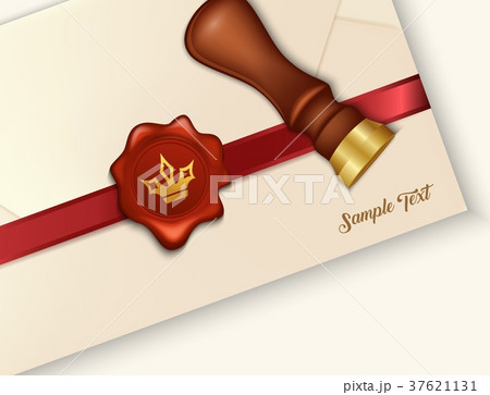 Envelope and red wax seal with wax seal stamp 37621131
