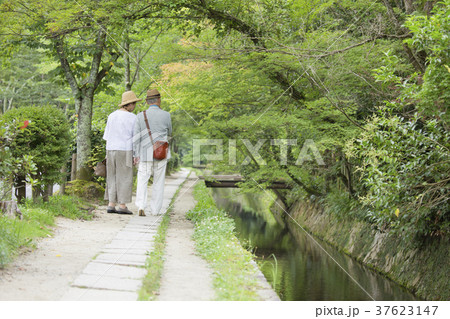川沿いの遊歩道を歩くシニア夫婦 川沿いの遊歩道を歩くシニア夫婦 37623147