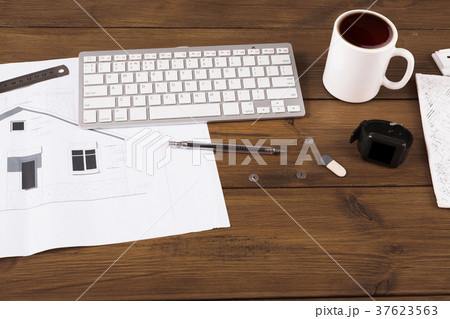 Architectural project, engineering tools on table. Architectural project, engineering tools on table. 37623563