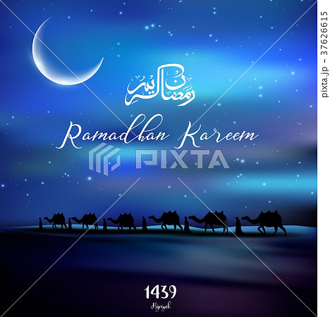 Ramadan kareem with walking camel caravan at night Ramadan kareem with walking camel caravan at night 37626615