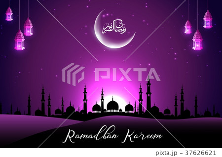 Beautiful mosque with crescent on purple sky backg 37626621