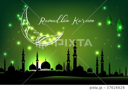 Beautiful mosque with moon on green sky background 37626626