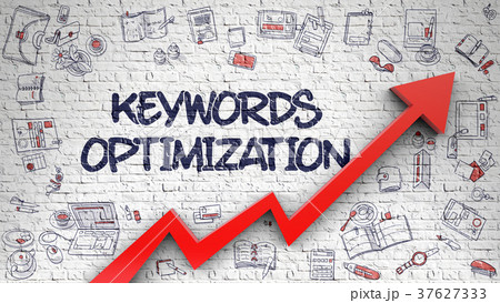 Keywords Optimization Drawn on White Brick Wall.  37627333