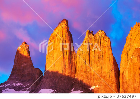 Torres del Paine at pink sunrise, Patagonia, Chile 37627497