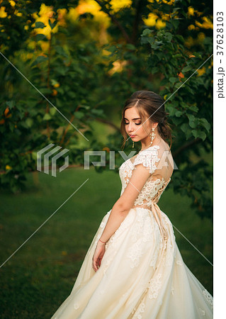 Young girl in wedding dress in park posing for Young girl in wedding dress in park posing for 37628103