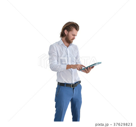 Stressed western businessman using a tablet isolated on white 37629823