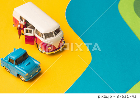 Vintage miniature car and bus in trendy color Vintage miniature car and bus in trendy color 37631743