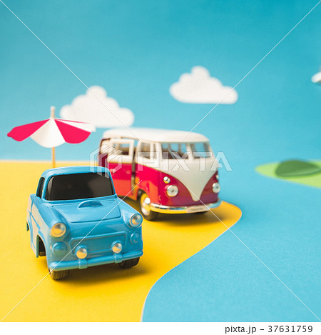 Vintage miniature car and bus in trendy color 37631759