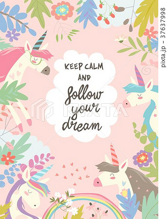 Cute magic frame composed of unicorns and flowers 37637998