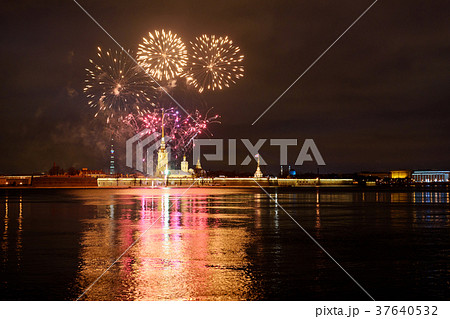 Firework on Neva River at night. Saint Petersburg 37640532