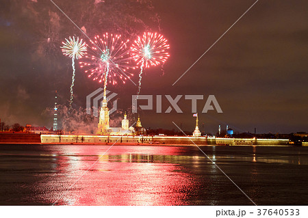 Firework on Neva River at night. Saint Petersburg Firework on Neva River at night. Saint Petersburg 37640533