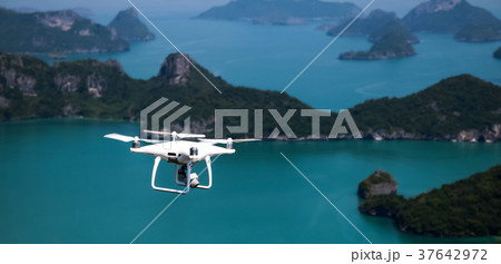 Flying Drone camera in the sky, ocean islands view 37642972