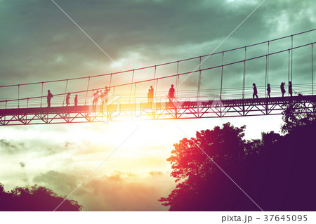 silhouette of tourist on suspension bridge walkway 37645095