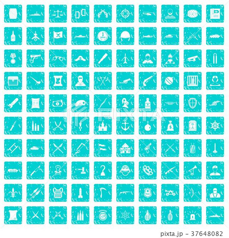 100 weapons icons set grunge blue 37648082