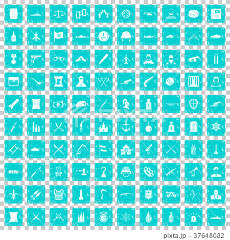 100 weapons icons set grunge blue 37648082