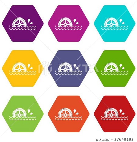 Waterwheel icon set color hexahedron Waterwheel icon set color hexahedron 37649193