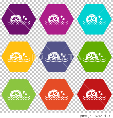 Waterwheel icon set color hexahedron Waterwheel icon set color hexahedron 37649193