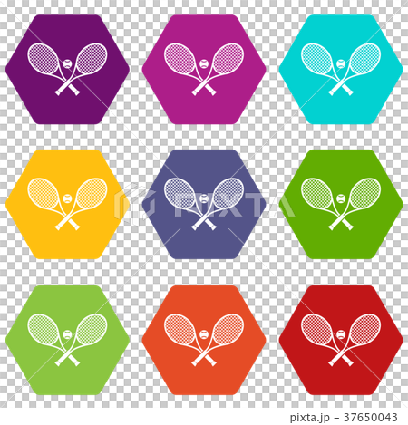 Crossed tennis rackets and ball icon set color hexahedron 37650043