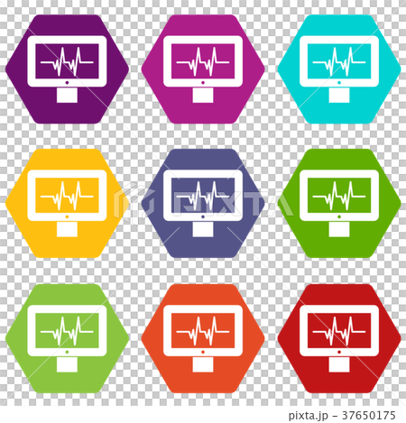 Electrocardiogram monitor icon set color hexahedron 37650175