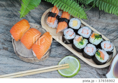 Mixed roll sushi set is delicious, Japanese food. Mixed roll sushi set is delicious, Japanese food. 37656902