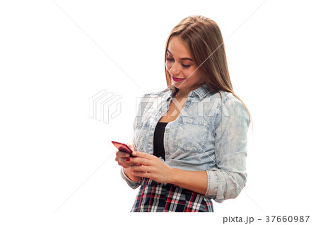 Charming young girl posing on white background 37660987