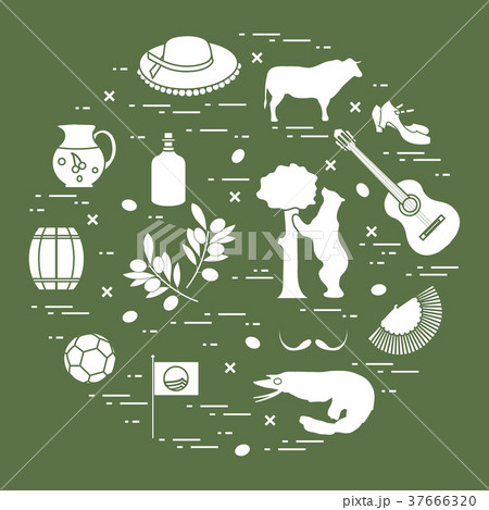 various symbols of Spain arranged in a circle 37666320
