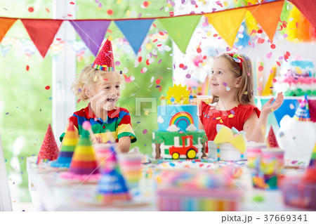 Kids party. Birthday cake with candles for child. 37669341