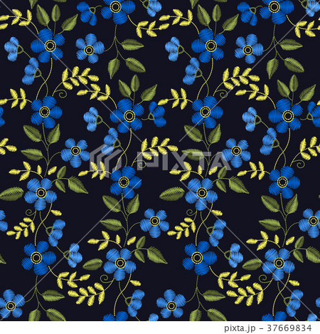 Floral Embroidery seamless pattern with blue 37669834