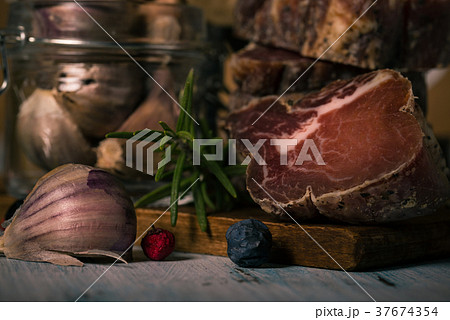Detail of dried meat from wild boar Detail of dried meat from wild boar 37674354