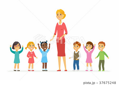 Kindergarten teacher with children - cartoon - Stock Illustration  [37675248] - PIXTA