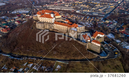 Beautiful panoramic aerial view to Palanok Castle Beautiful panoramic aerial view to Palanok Castle 37681260
