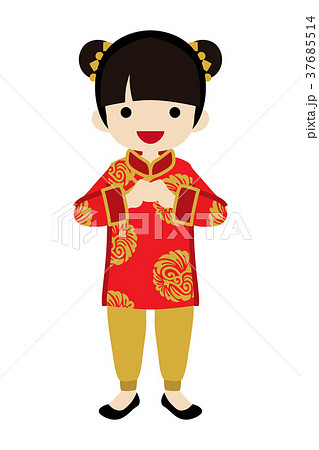 中国の民族衣装を着た女の子 正面のイラスト素材