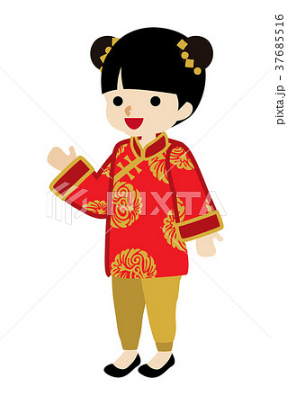 中国の民族衣装を着た女の子 案内のイラスト素材