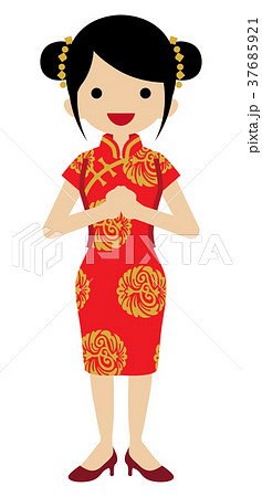中国の民族衣装を着た若い女性 正面のイラスト素材