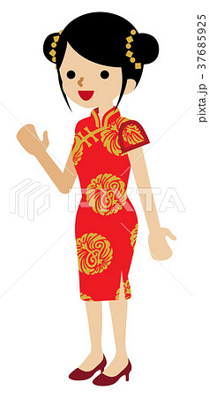 中国の民族衣装を着た若い女性 案内のイラスト素材