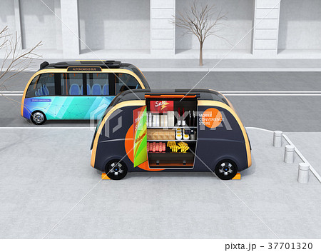 共通プラットフォームを有する自動運転バスと無人販売車のイメージ。無人運転、無人販売のコンセプト 共通プラットフォームを有する自動運転バスと無人販売車のイメージ。無人運転、無人販売のコンセプト 37701320