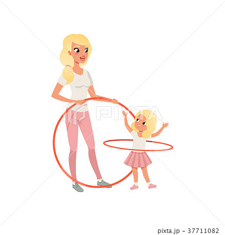 Sporty mother and her cute daughter with hula-hoop Sporty mother and her cute daughter with hula-hoop 37711082