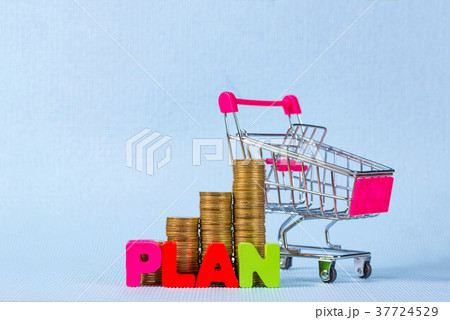 PLAN wooden text and coins with shopping cart 37724529