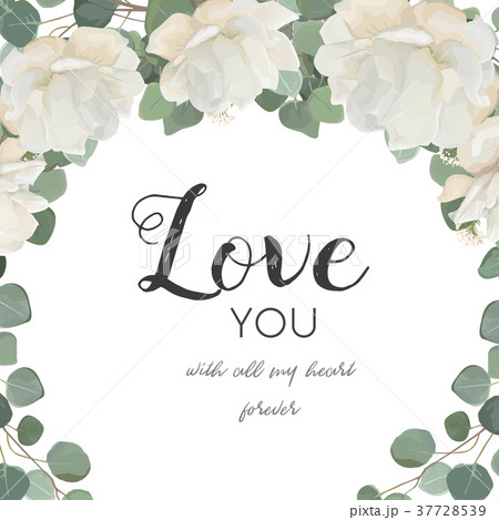 Vector floral card. White peony flower, eucalyptus 37728539