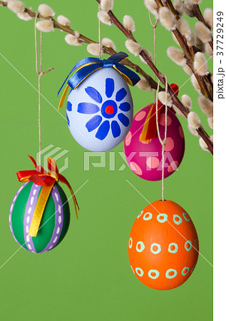 Paschal eggs on willow bouquet, vertical Paschal eggs on willow bouquet, vertical 37729249