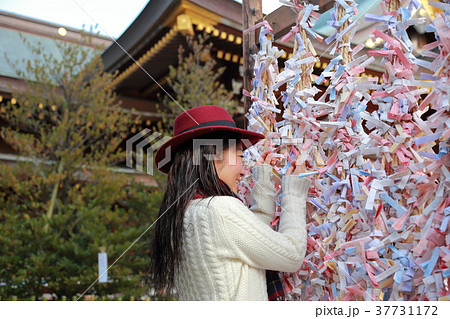 神社で御神籤を結ぶ女性 神社で御神籤を結ぶ女性 37731172