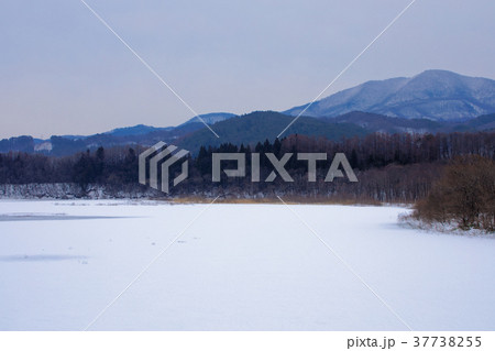 全面凍結の御所湖と周囲の山並みの雪景色 37738255