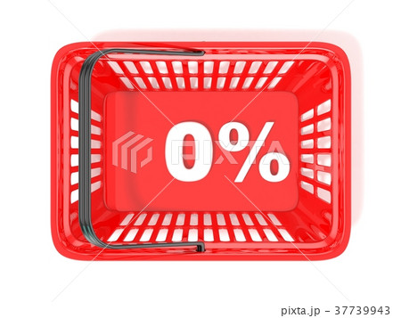 0 percent discount tag in red shopping basket. 3D 0 percent discount tag in red shopping basket. 3D 37739943