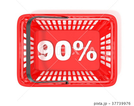 90 percent discount tag in red shopping basket. 3D 37739976