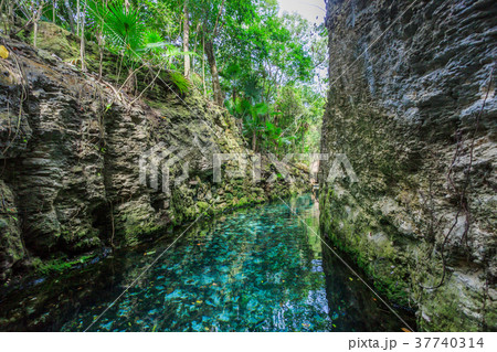 Blue river in Xcaret, Mexico 37740314