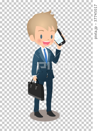 在衣服的年輕男性商人叫在通勤期間 在衣服的年輕男性商人叫在通勤期間 37745017