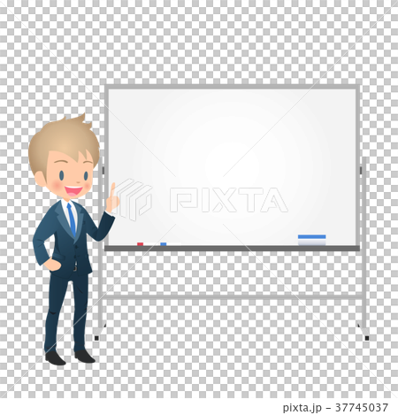 Young male businessman in a suit explaining using a whiteboard Young male businessman in a suit explaining using a whiteboard 37745037